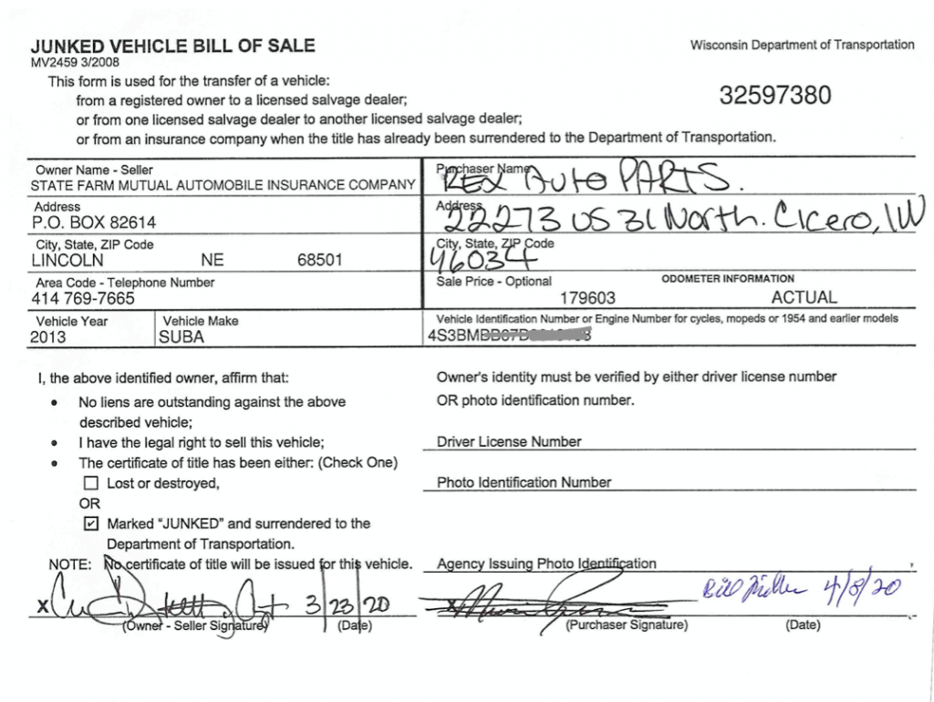 WI - JUNKED VEHICLE BILL OF SALE